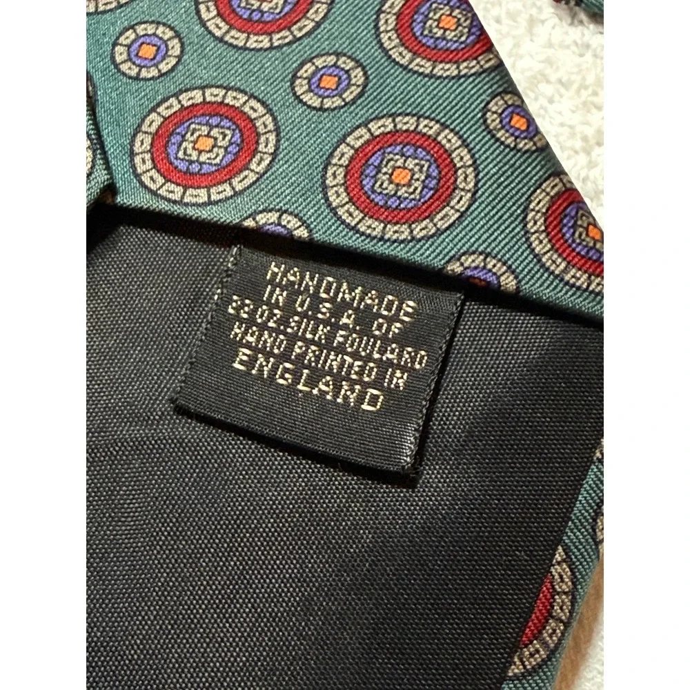 Raleighs Mens Silk Tie Teal Medallion Geometric Handmade USA English Foulard
